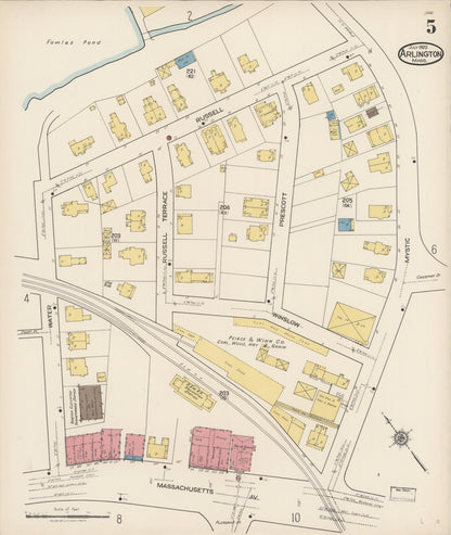 Sanborn Fire Insurance Map from Arlington, Middlesex County, Massachusetts (1922), Sheet #0005 - Historic Sanborn Fire Insurance Map Print, vintage old map wall art, antique decor, genealogy gift, Massachusetts Massachusetts map
