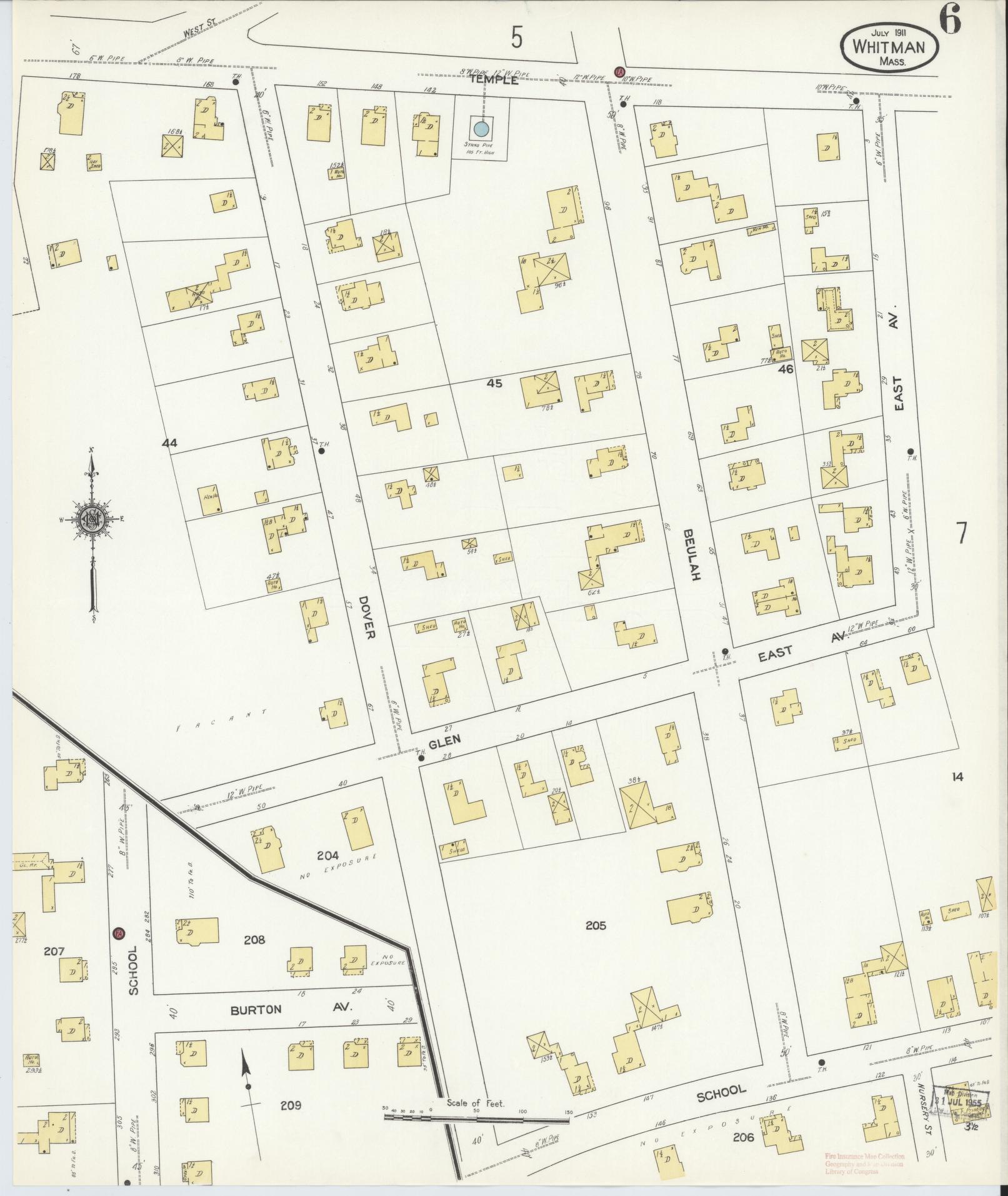Sanborn Fire Insurance Map from Whitman, Plymouth County, Massachusetts (1911), Sheet #0006 - Historic Sanborn Fire Insurance Map Print, vintage old map wall art, antique decor, genealogy gift, Massachusetts Massachusetts map