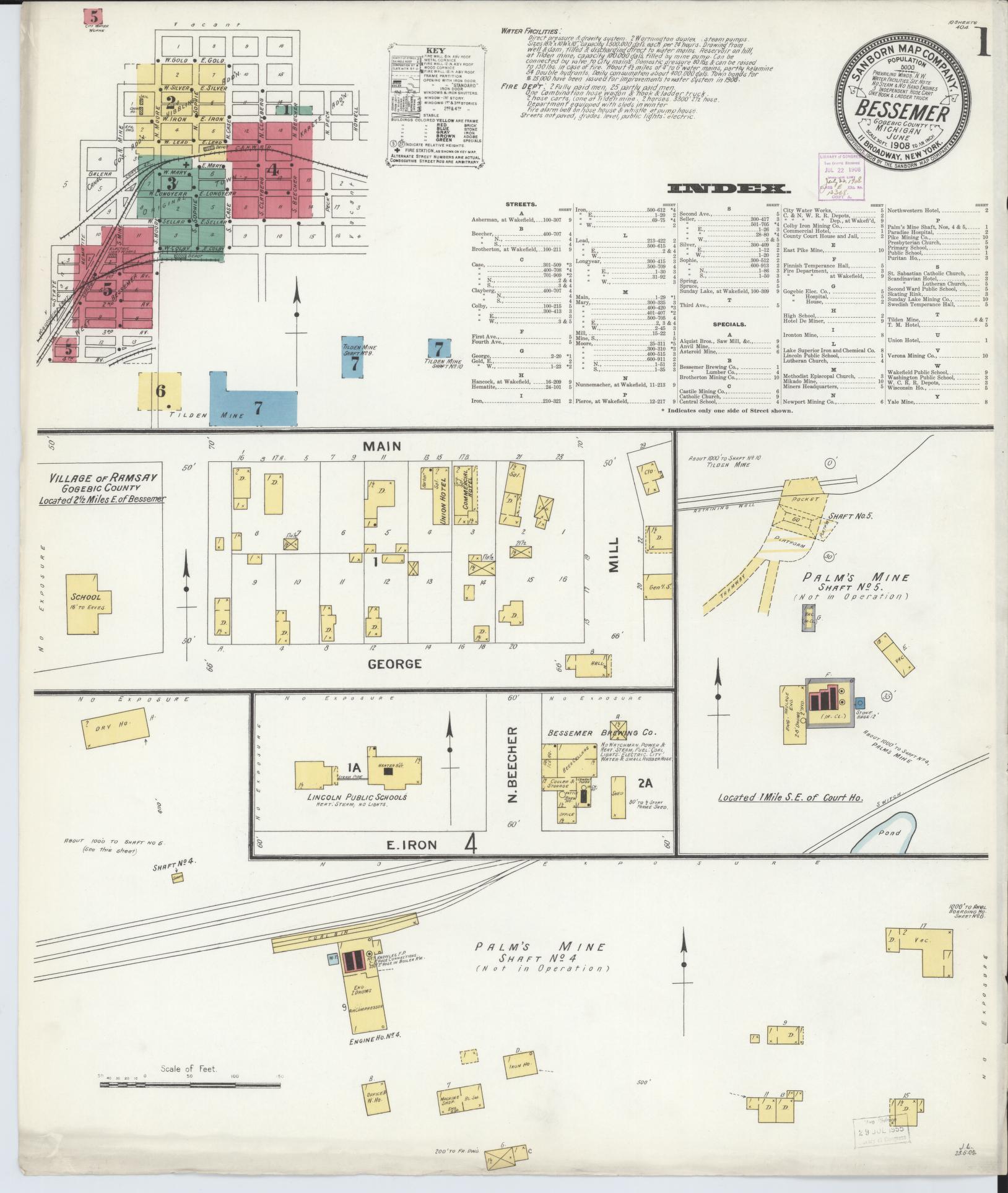 Sanborn Fire Insurance Map from Bessemer, Gogebic County, Michigan (1908), Sheet #0001 - Complete Map Set gallery image, historic Sanborn map, vintage wall art, Michigan Michigan