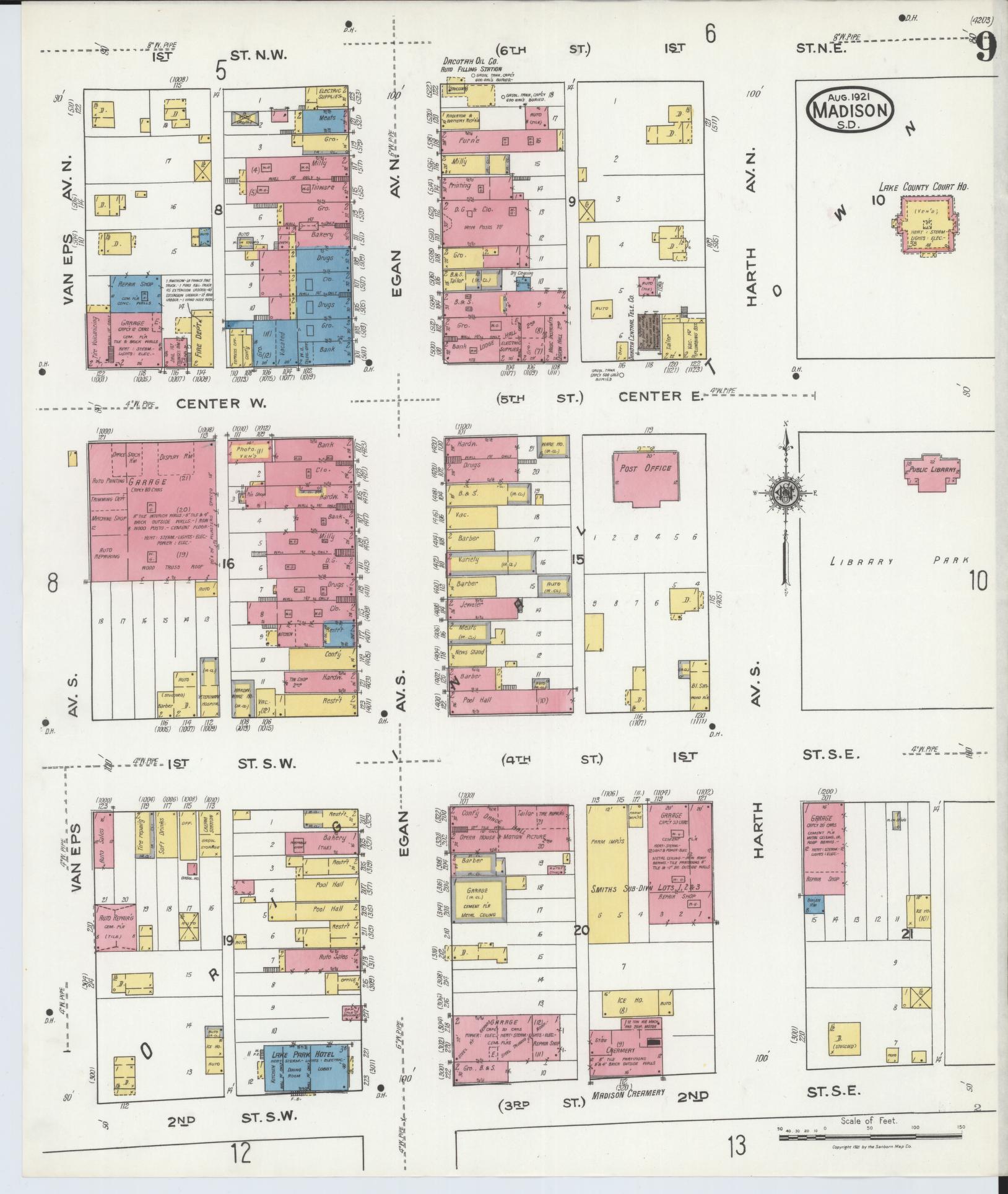 Sanborn Fire Insurance Map from Madison, Lake County, South Dakota (1921), Sheet #0009 - Historic Sanborn Fire Insurance Map Print, vintage old map wall art, antique decor, genealogy gift, South Dakota South Dakota map