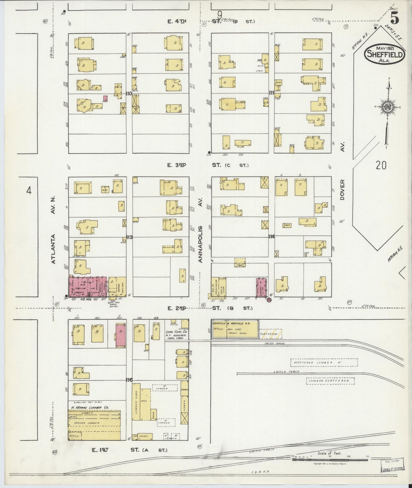 Sanborn Fire Insurance Map from Sheffield, Colbert County, Alabama (1921), Sheet #0005 - Complete Map Set gallery image, historic Sanborn map, vintage wall art, Alabama Alabama