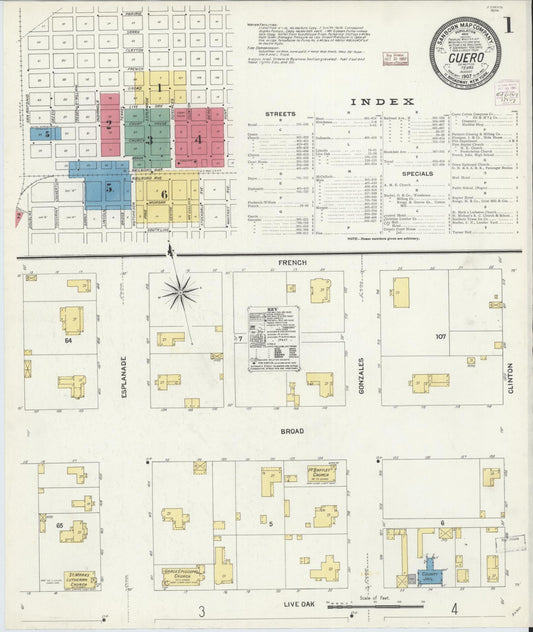 Sanborn Fire Insurance Map from Cuero, De Witt County, Texas (1907), Sheet #0001 - Complete Map Set gallery image, historic Sanborn map, vintage wall art, Texas Texas