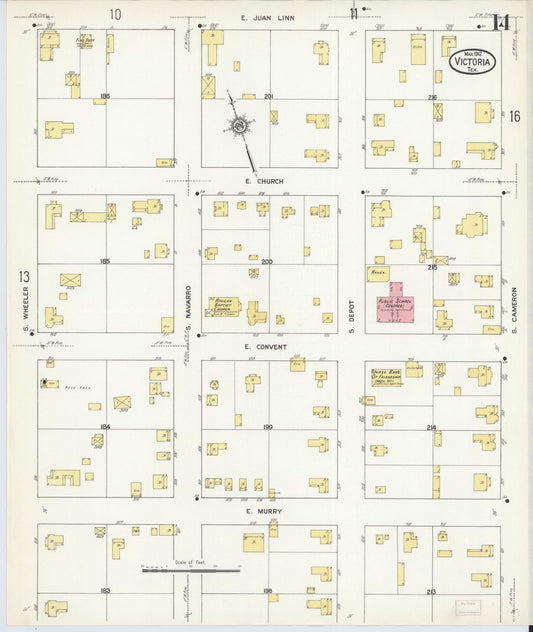 Sanborn Fire Insurance Map from Victoria, Victoria County, Texas (1912), Sheet #0014 - Historic Sanborn Fire Insurance Map Print, vintage old map wall art, antique decor, genealogy gift, Texas Texas map