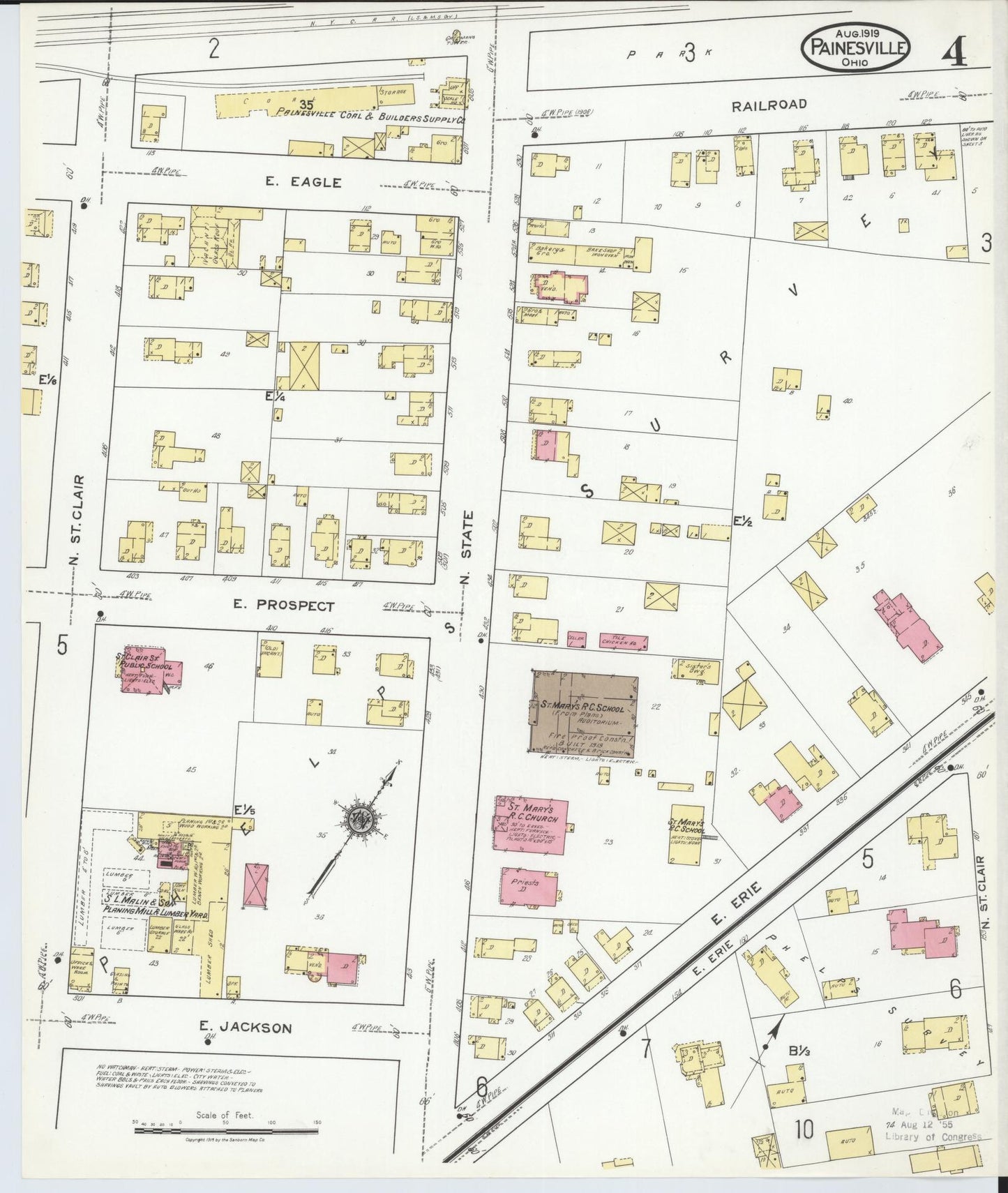 Sanborn Fire Insurance Map from Painesville, Lake County, Ohio (1919), Sheet #0004 - Historic Sanborn Fire Insurance Map Print, vintage old map wall art, antique decor, genealogy gift, Ohio Ohio map