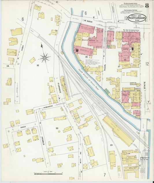 Sanborn Fire Insurance Map from North Adams, Berkshire County, Massachusetts (1908), Sheet #0008 - Historic Sanborn Fire Insurance Map Print, vintage old map wall art, antique decor, genealogy gift, Massachusetts Massachusetts map