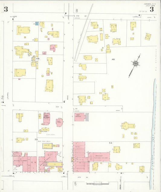Sanborn Fire Insurance Map from Conway, Horry County, South Carolina (1938), Sheet #0003 - Historic Sanborn Fire Insurance Map Print, vintage old map wall art, antique decor, genealogy gift, South Carolina South Carolina map