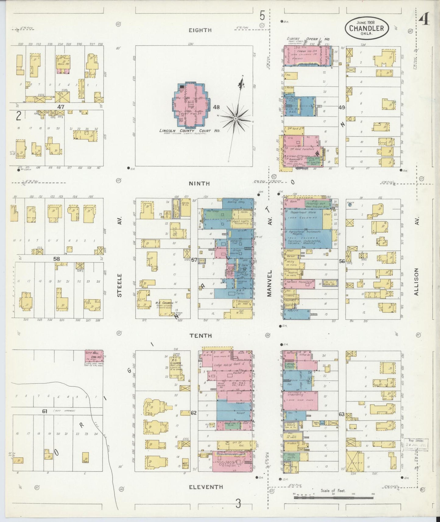 Sanborn Fire Insurance Map from Chandler, Lincoln County, Oklahoma (1908), Sheet #0004 - Complete Map Set gallery image, historic Sanborn map, vintage wall art, Oklahoma Oklahoma