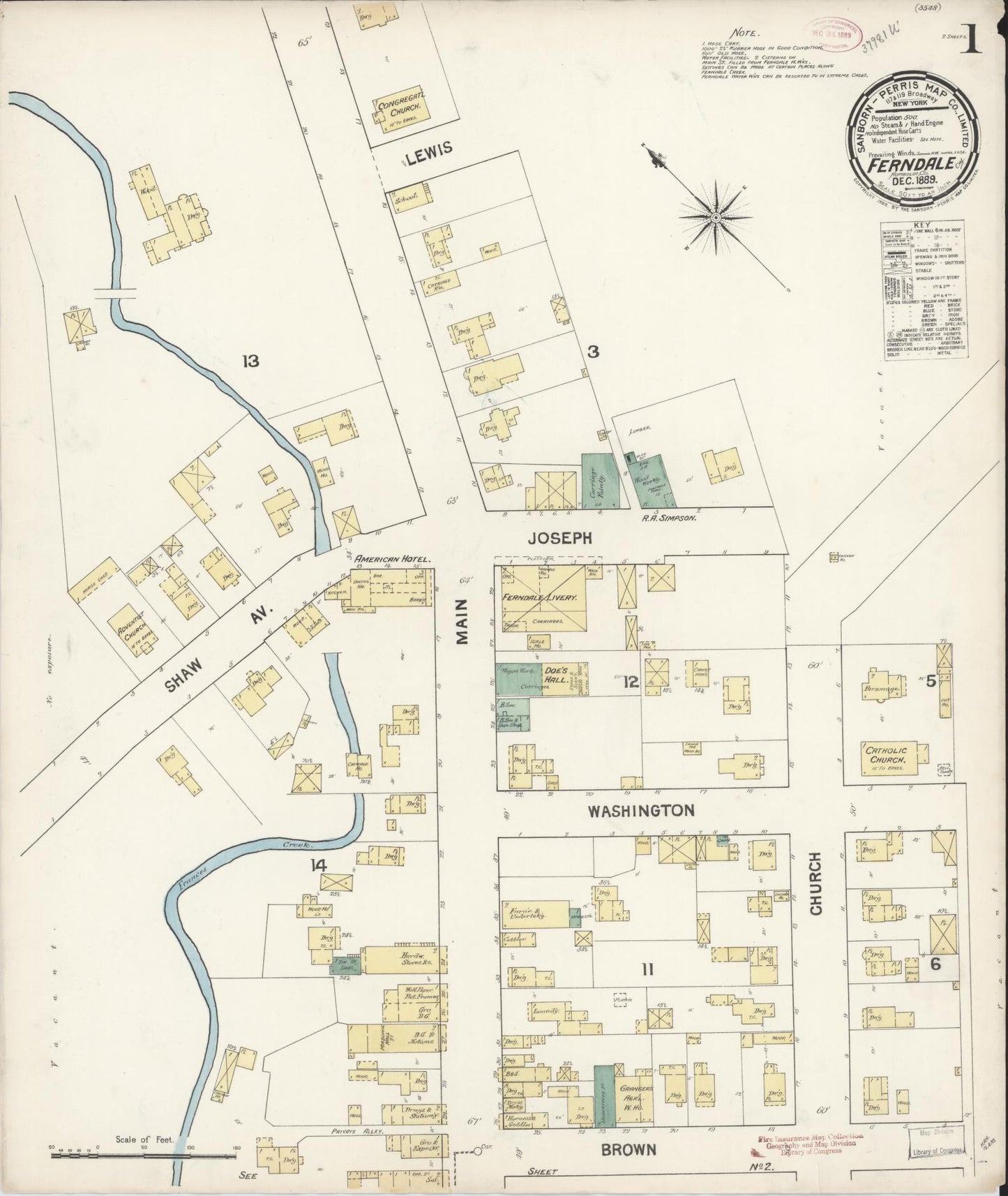 Sanborn Fire Insurance Map from Ferndale, Humboldt County, California (1889), Sheet #0001 - Historic Sanborn Fire Insurance Map Print, vintage old map wall art, antique decor, genealogy gift, California California map