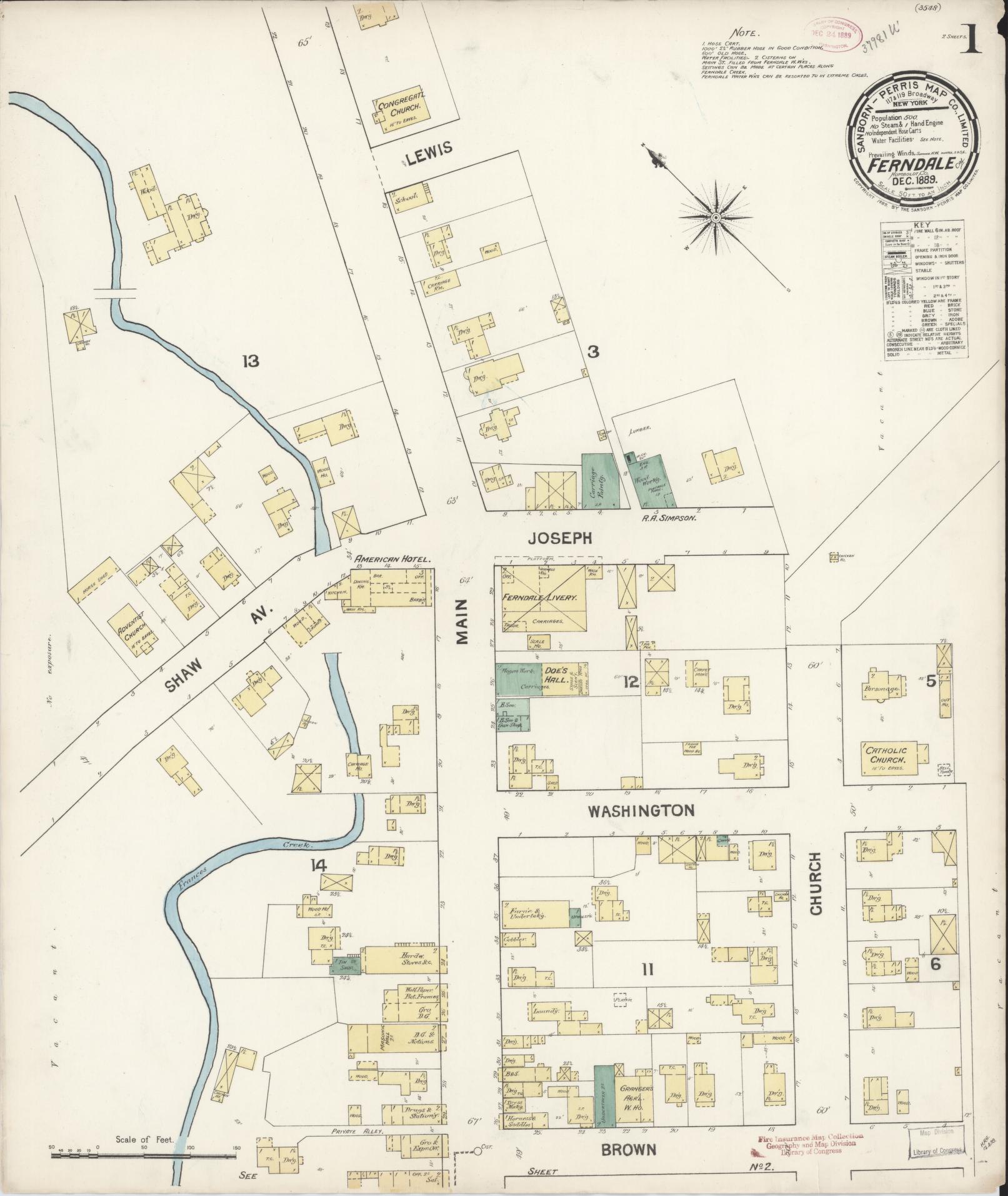 Sanborn Fire Insurance Map from Ferndale, Humboldt County, California (1889), Sheet #0001 - Historic Sanborn Fire Insurance Map Print, vintage old map wall art, antique decor, genealogy gift, California California map
