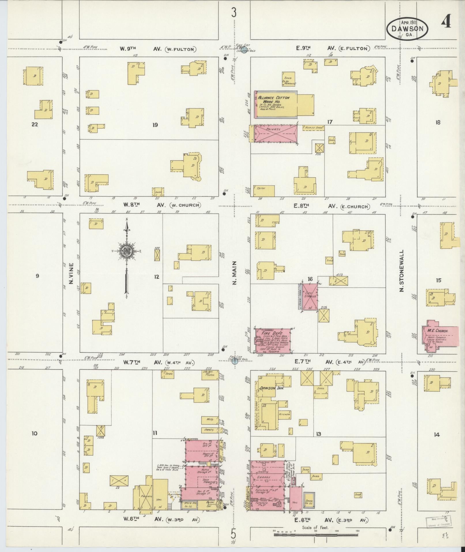 Sanborn Fire Insurance Map from Dawson, Terrell County, Georgia (1911), Sheet #0004 - Complete Map Set gallery image, historic Sanborn map, vintage wall art, Georgia Georgia