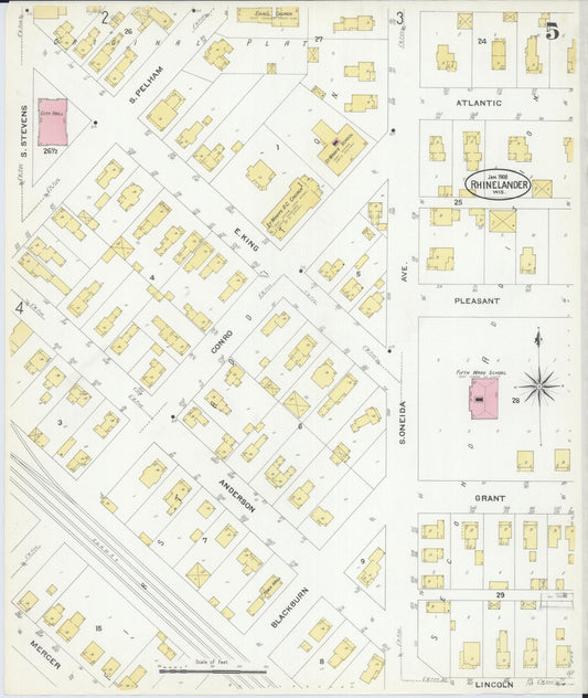 Sanborn Fire Insurance Map from Rhinelander, Oneida County, Wisconsin (1908), Sheet #0005 - Historic Sanborn Fire Insurance Map Print, vintage old map wall art, antique decor, genealogy gift, Wisconsin Wisconsin map