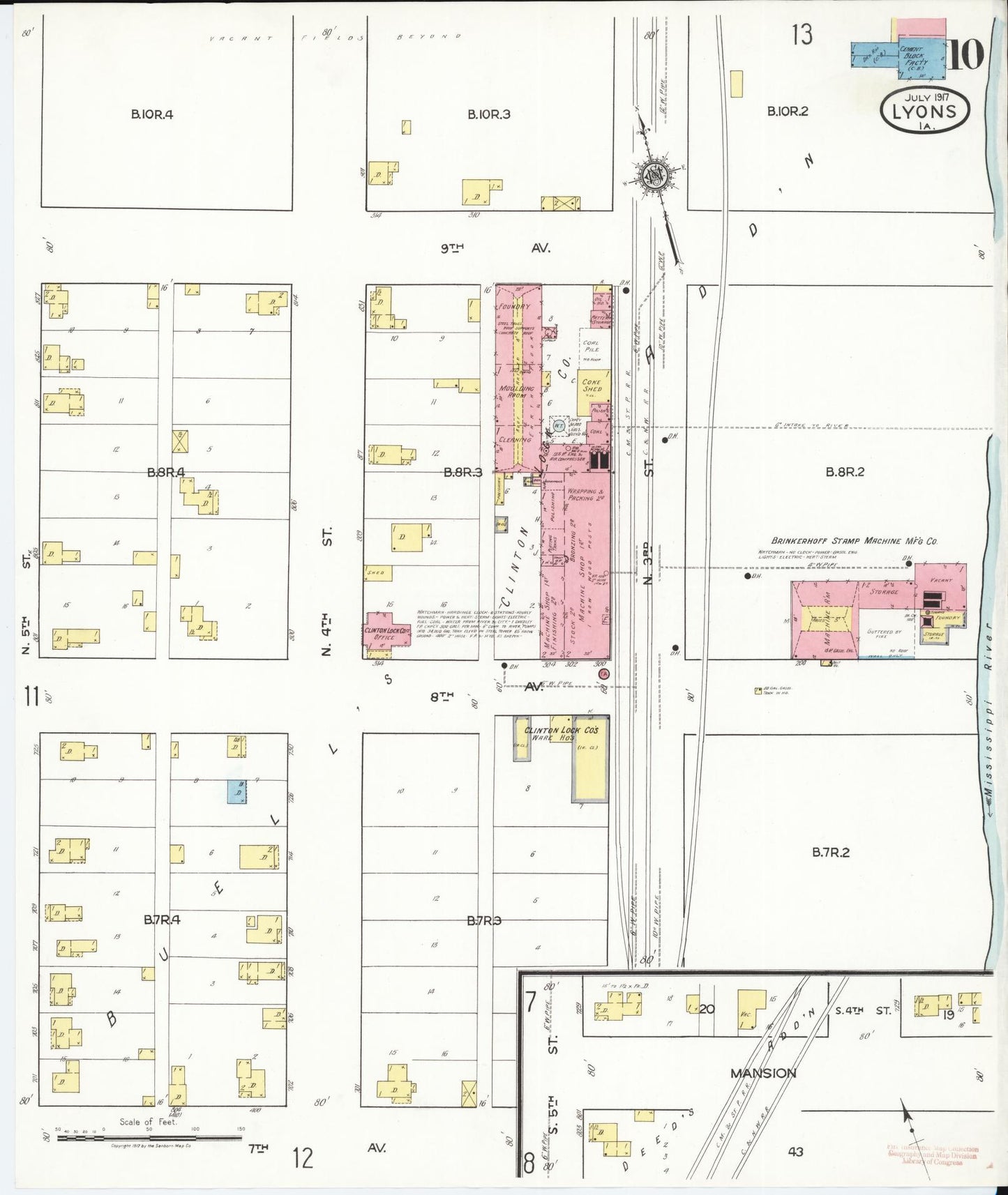 Sanborn Fire Insurance Map from Lyons, Clinton County, Iowa (1917), Sheet #0010 - Historic Sanborn Fire Insurance Map Print, vintage old map wall art