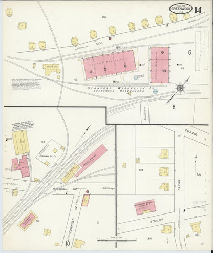 Sanborn Fire Insurance Map from Greenwood, Greenwood County, South Carolina (1913), Sheet #0014 - Complete Map Set gallery image, historic Sanborn map, vintage wall art, South Carolina South Carolina