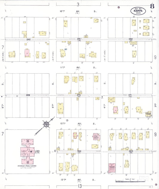 Sanborn Fire Insurance Map from Nampa, Canyon County, Idaho (1911), Sheet #0008 - Historic Sanborn Fire Insurance Map Print, vintage old map wall art, antique decor, genealogy gift, Idaho Idaho map