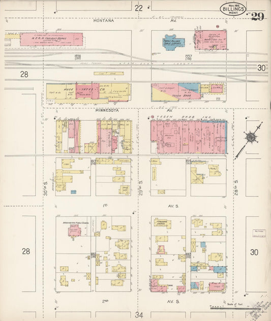 Sanborn Fire Insurance Map from Billings, Yellowstone County, Montana (1912), Sheet #0029 - Historic Sanborn Fire Insurance Map Print, vintage old map wall art, antique decor, genealogy gift, Montana Montana map