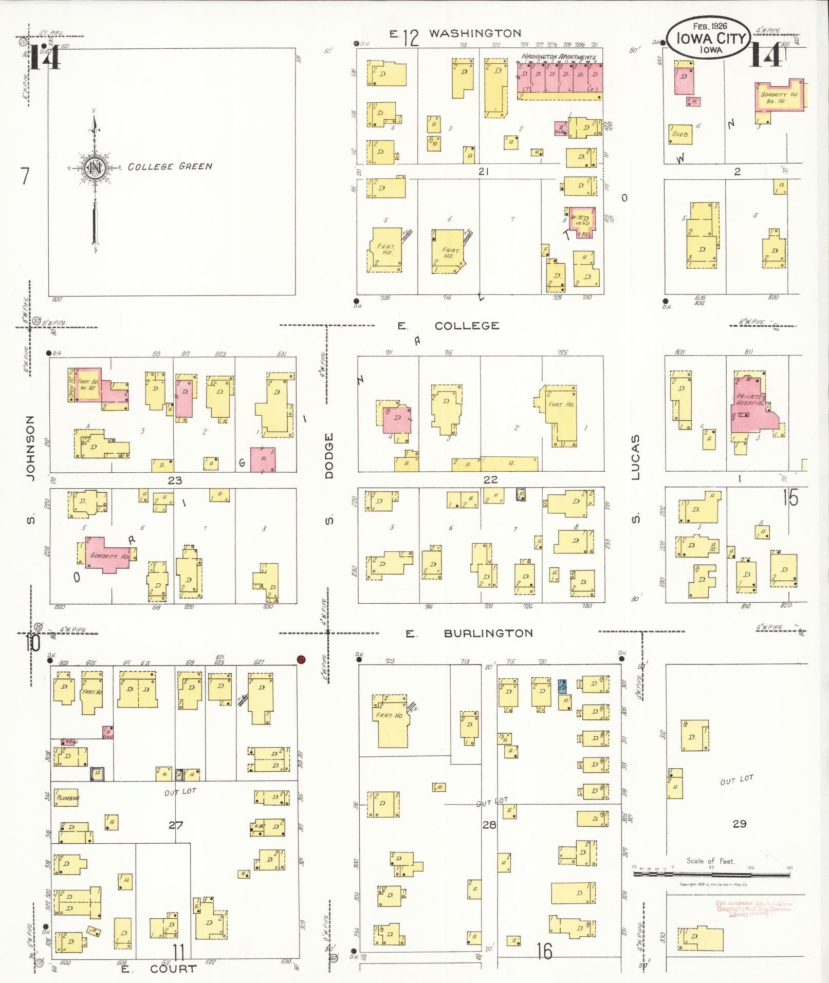 Sanborn Fire Insurance Map from Iowa City, Johnson County, Iowa (1926), Sheet #0014 - Historic Sanborn Fire Insurance Map Print, vintage old map wall art