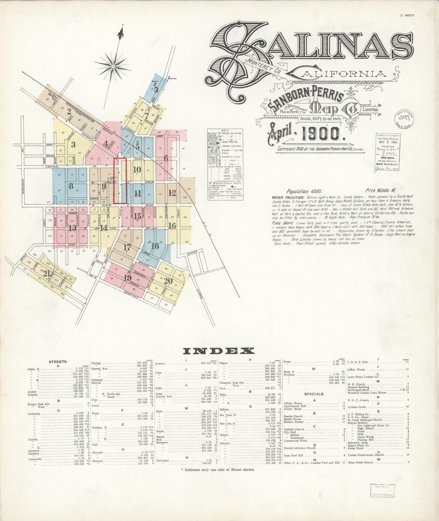 Sanborn Fire Insurance Map from Salinas, Monterey County, California (1900), Sheet #0001 - Complete Map Set gallery image, historic Sanborn map, vintage wall art, California California