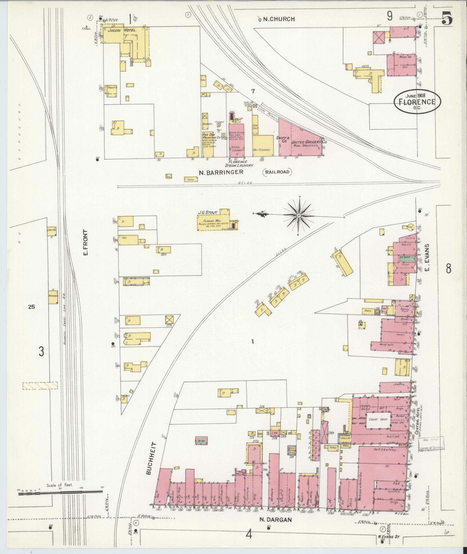Sanborn Fire Insurance Map from Florence, Florence County, South Carolina (1908), Sheet #0005 - Complete Map Set gallery image, historic Sanborn map, vintage wall art, South Carolina South Carolina