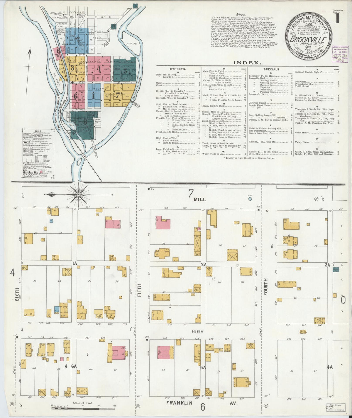 Sanborn Fire Insurance Map from Brookville, Franklin County, Indiana (1906), Sheet #0001 - Historic Sanborn Fire Insurance Map Print, vintage old map wall art, antique decor, genealogy gift, Indiana Indiana map