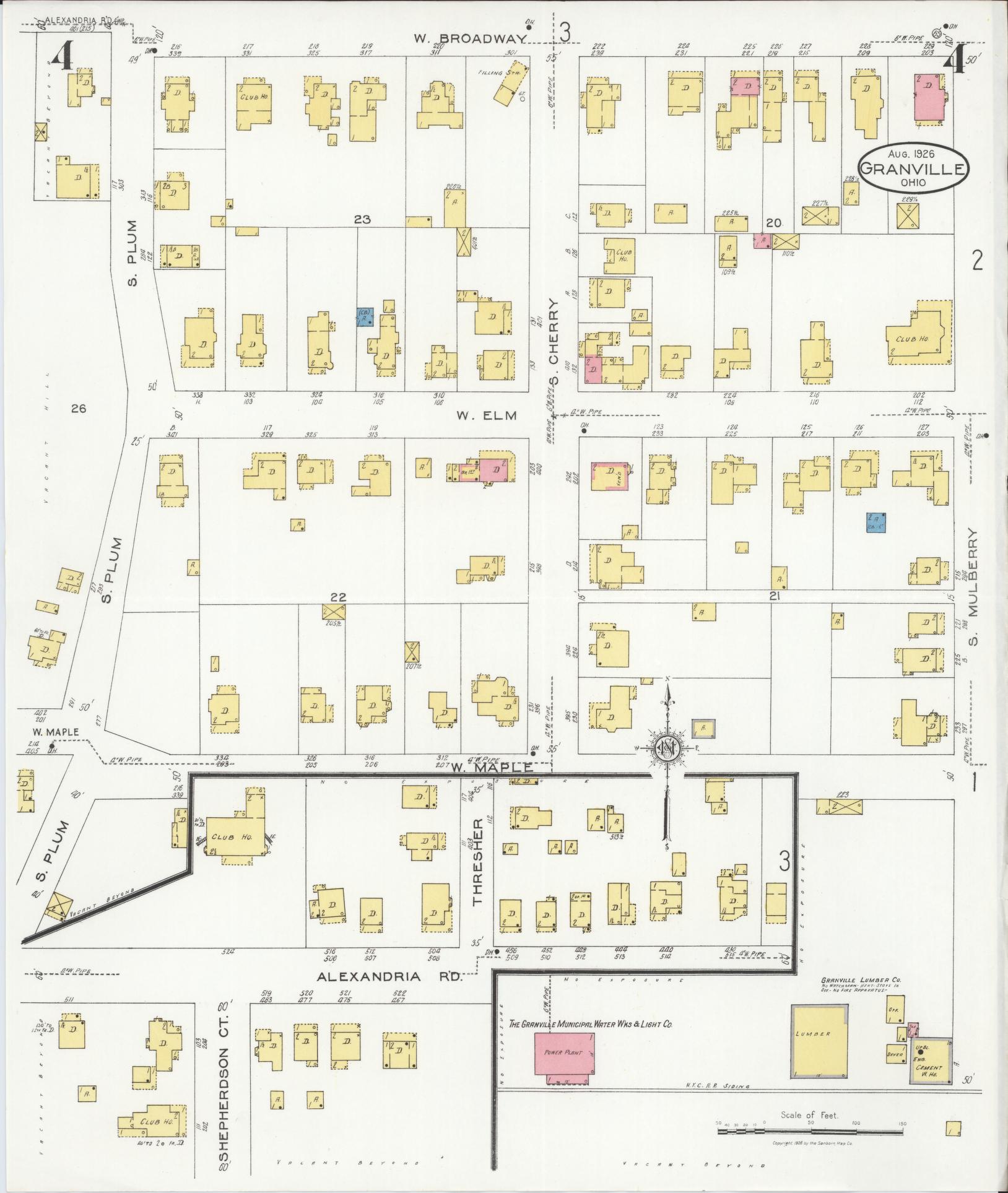 Sanborn Fire Insurance Map from Granville, Licking County, Ohio (1926), Sheet #0004 - Historic Sanborn Fire Insurance Map Print, vintage old map wall art, antique decor, genealogy gift, Ohio Ohio map