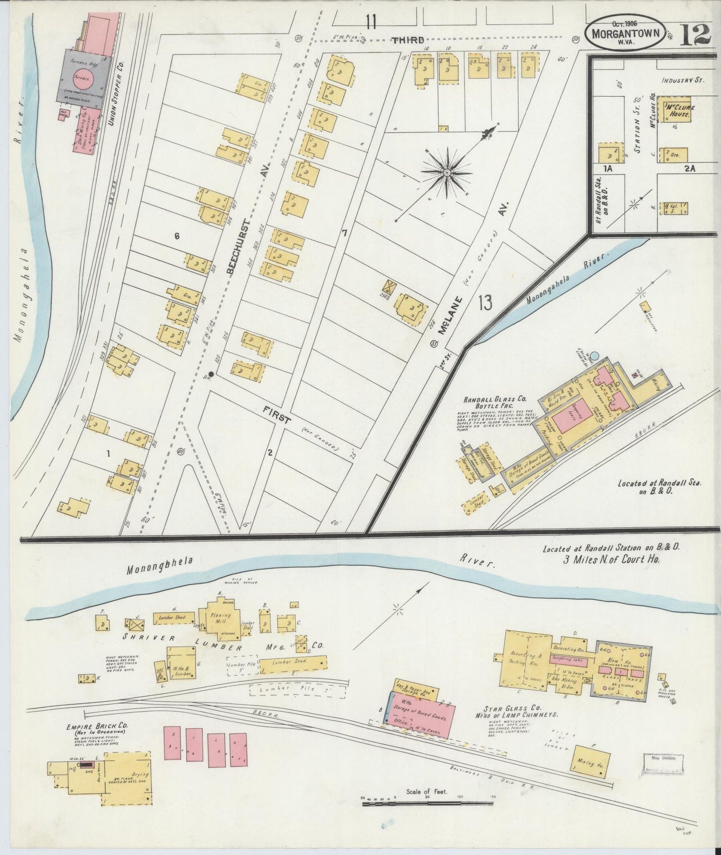 Sanborn Fire Insurance Map from Morgantown, Monongalia County, West Virginia (1906), Sheet #0012 - Historic Sanborn Fire Insurance Map Print, vintage old map wall art, antique decor, genealogy gift, West Virginia West Virginia map