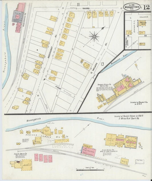 Sanborn Fire Insurance Map from Morgantown, Monongalia County, West Virginia (1906), Sheet #0012 - Historic Sanborn Fire Insurance Map Print, vintage old map wall art, antique decor, genealogy gift, West Virginia West Virginia map