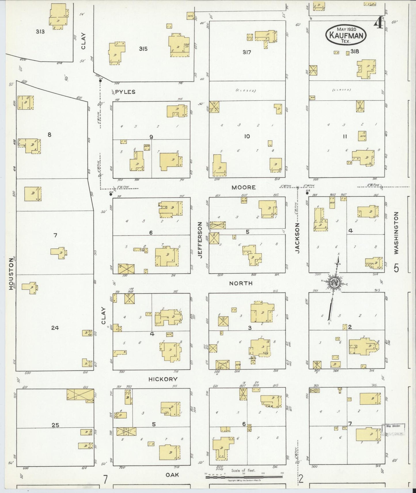 Sanborn Fire Insurance Map from Kaufman, Kaufman County, Texas (1920), Sheet #0004 - Historic Sanborn Fire Insurance Map Print, vintage old map wall art, antique decor, genealogy gift, Texas Texas map