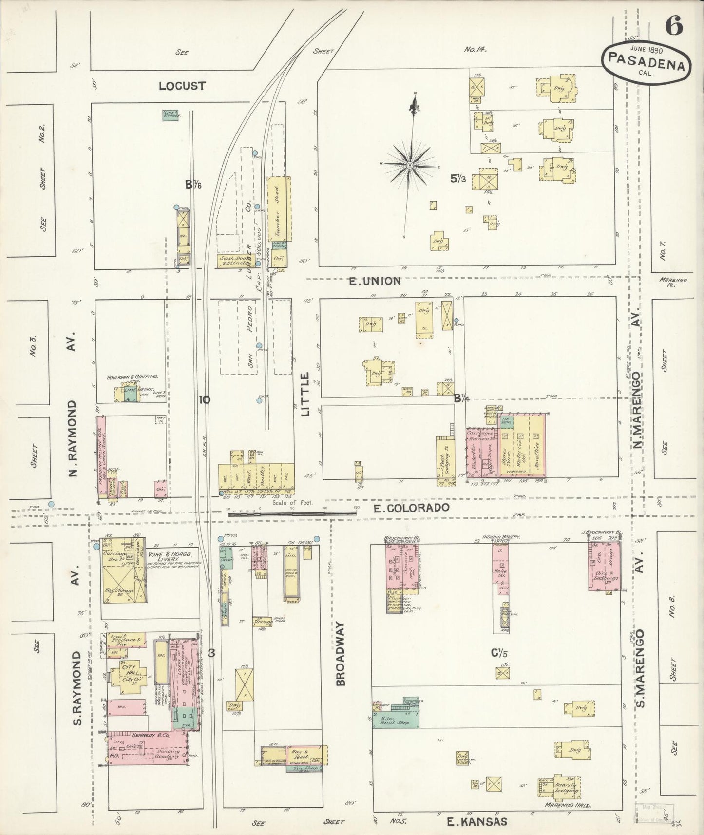 Sanborn Fire Insurance Map from Pasadena, Los Angeles County, California (1890), Sheet #0006 - Complete Map Set gallery image, historic Sanborn map, vintage wall art, California California