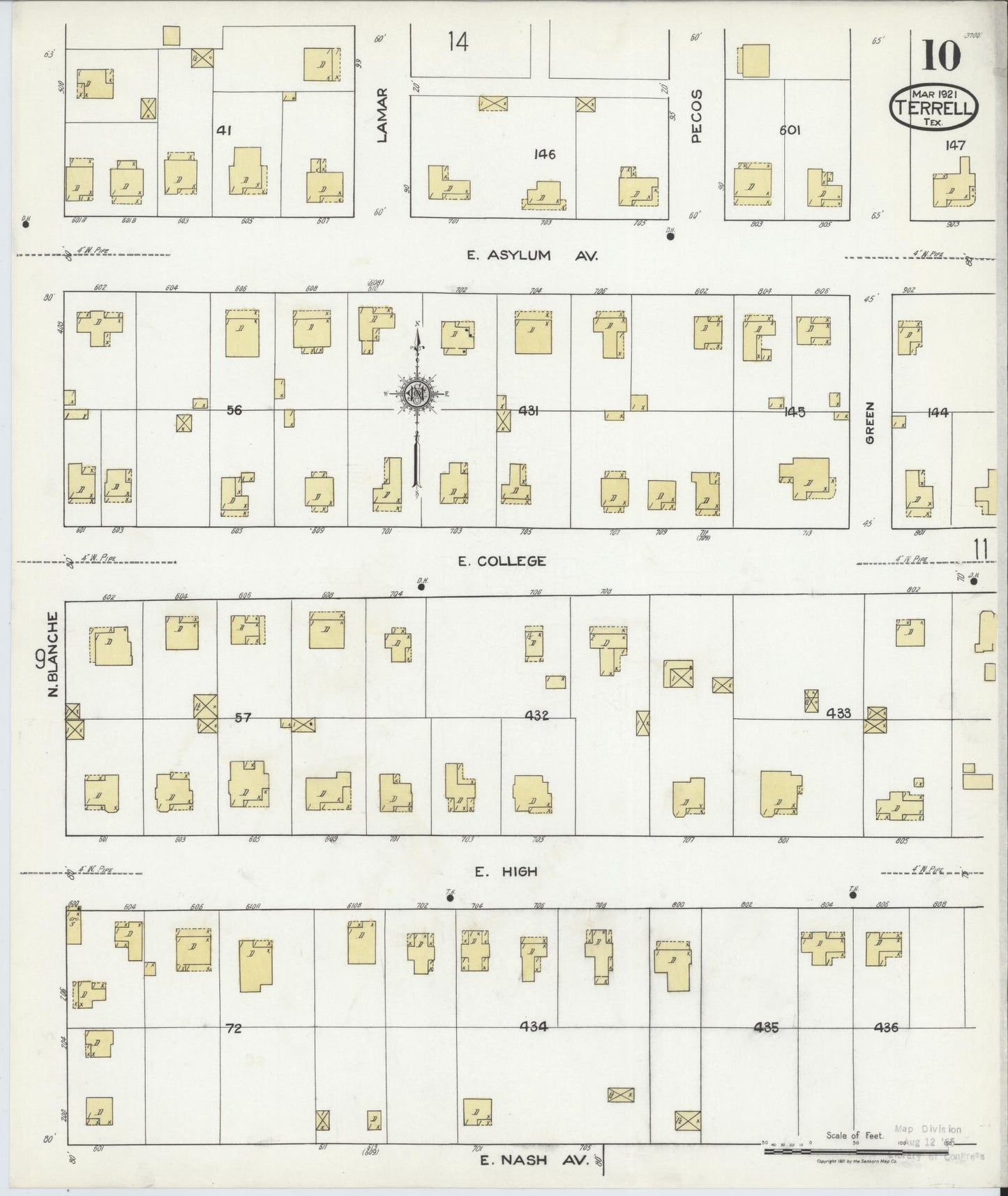 Sanborn Fire Insurance Map from Terrell, Kaufman County, Texas (1921), Sheet #0010 - Historic Sanborn Fire Insurance Map Print, vintage old map wall art, antique decor, genealogy gift, Texas Texas map