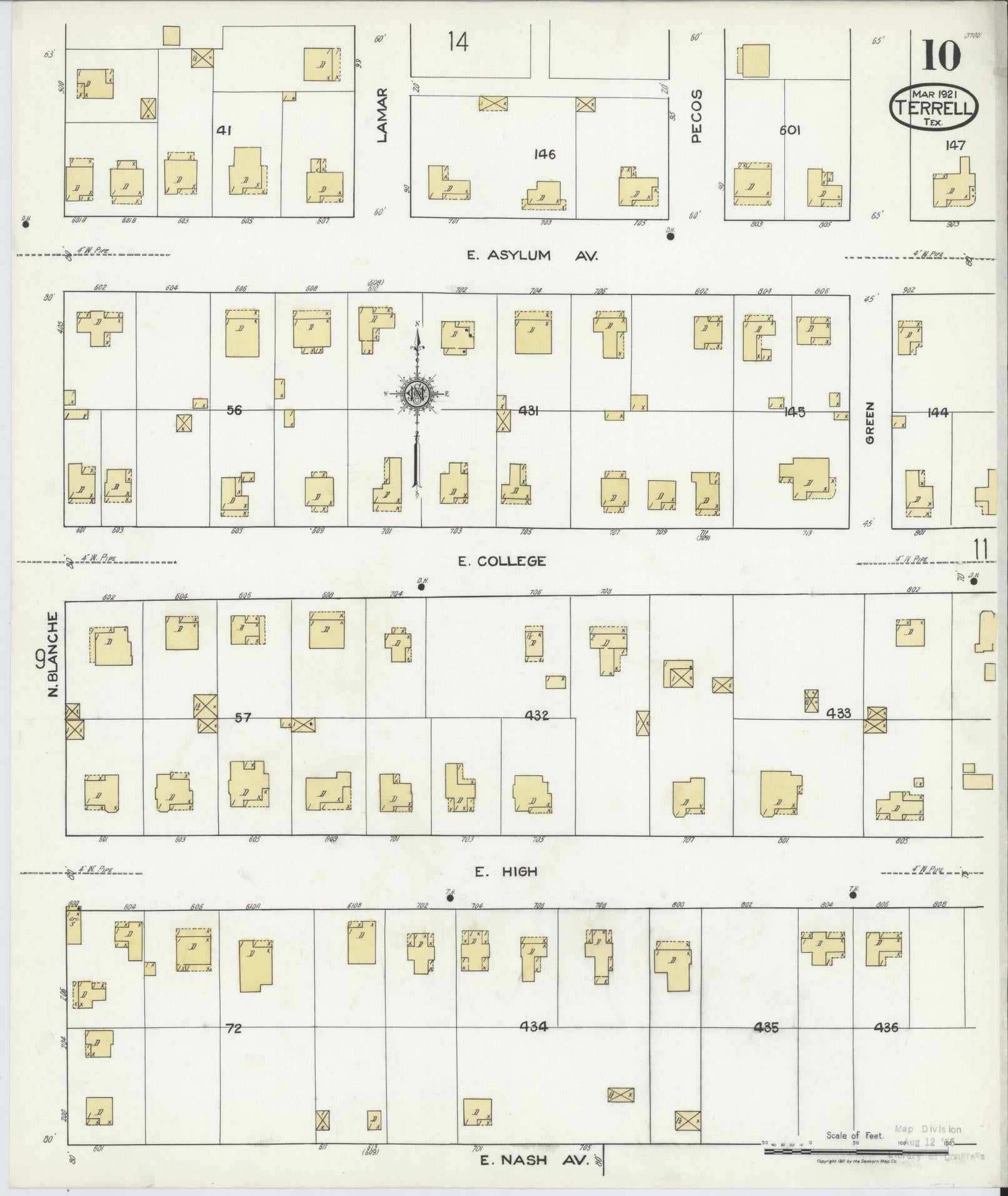 Sanborn Fire Insurance Map from Terrell, Kaufman County, Texas (1921), Sheet #0010 - Historic Sanborn Fire Insurance Map Print, vintage old map wall art, antique decor, genealogy gift, Texas Texas map