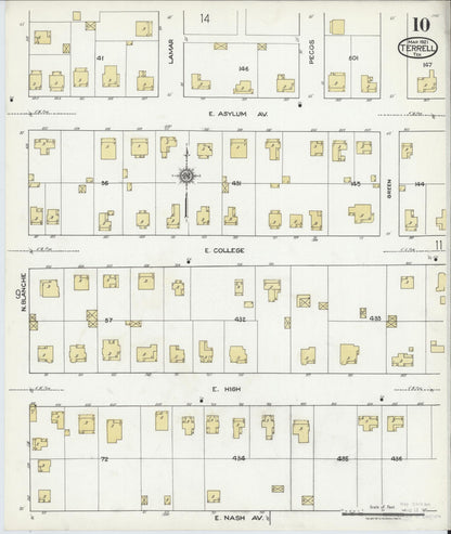 Sanborn Fire Insurance Map from Terrell, Kaufman County, Texas (1921), Sheet #0010 - Historic Sanborn Fire Insurance Map Print, vintage old map wall art, antique decor, genealogy gift, Texas Texas map