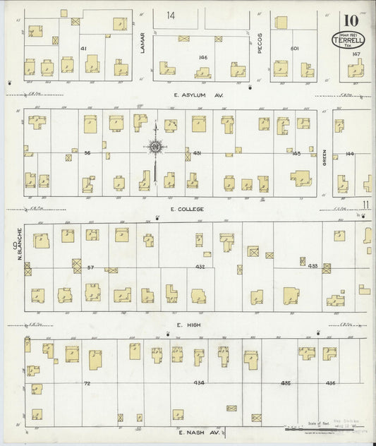 Sanborn Fire Insurance Map from Terrell, Kaufman County, Texas (1921), Sheet #0010 - Historic Sanborn Fire Insurance Map Print, vintage old map wall art, antique decor, genealogy gift, Texas Texas map