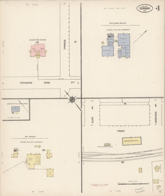 Sanborn Fire Insurance Map from Burbank, Los Angeles County, California (1910), Sheet #0004 - Historic Sanborn Fire Insurance Map Print, vintage old map wall art, antique decor, genealogy gift, California California map