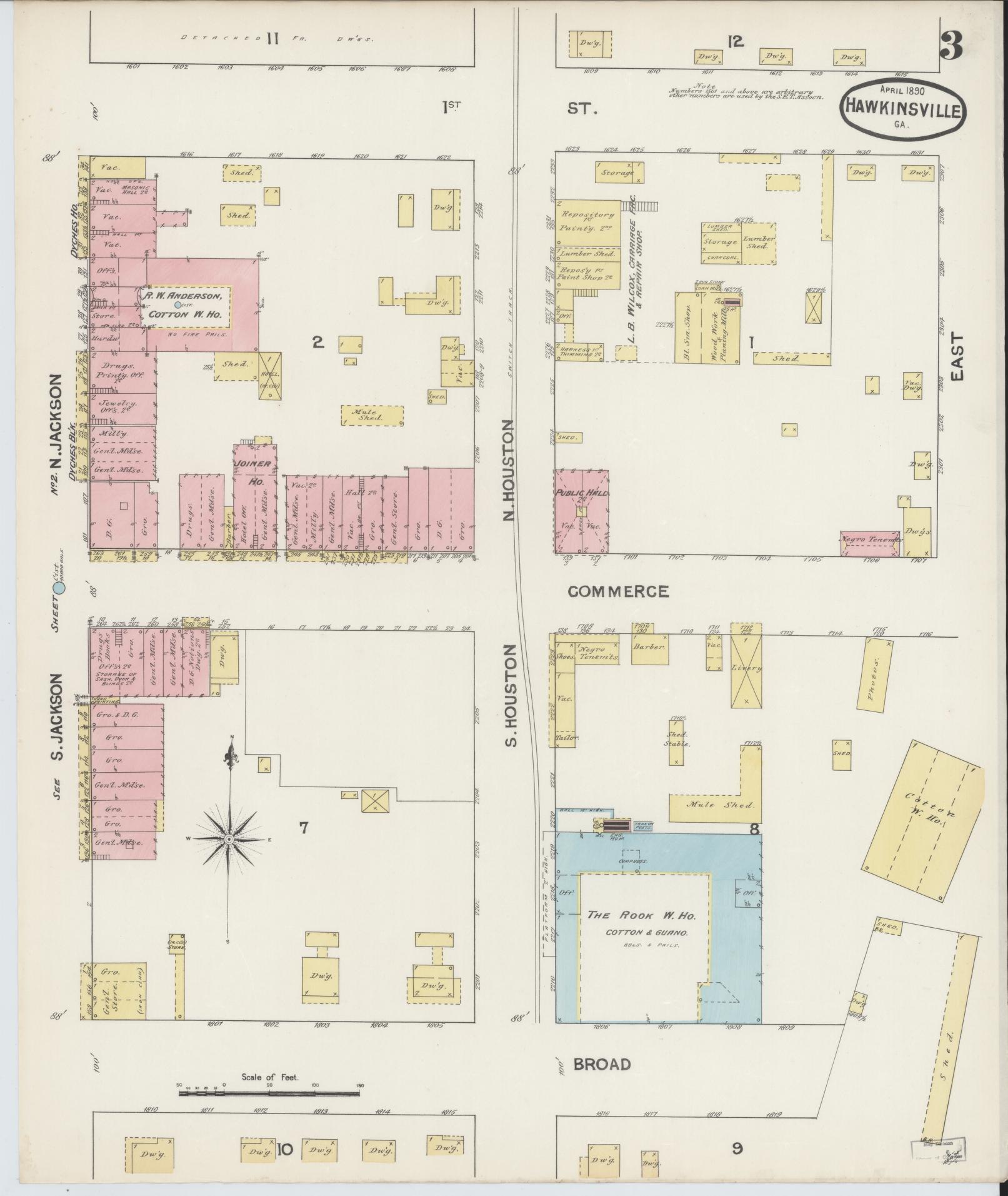 Sanborn Fire Insurance Map from Hawkinsville, Pulaski County, Georgia (1890), Sheet #0003 - Historic Sanborn Fire Insurance Map Print, vintage old map wall art, antique decor, genealogy gift, Georgia Georgia map