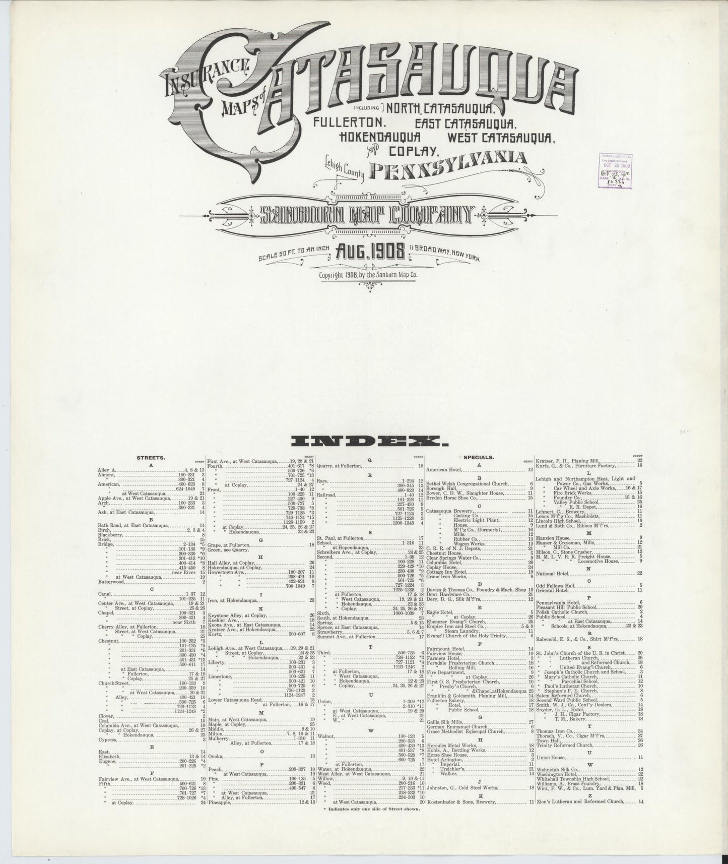 Sanborn Fire Insurance Map from Catasauqua, Lehigh County, Pennsylvania (1908), Sheet #0001 - Historic Sanborn Fire Insurance Map Print, vintage old map wall art, antique decor, genealogy gift, Pennsylvania Pennsylvania map