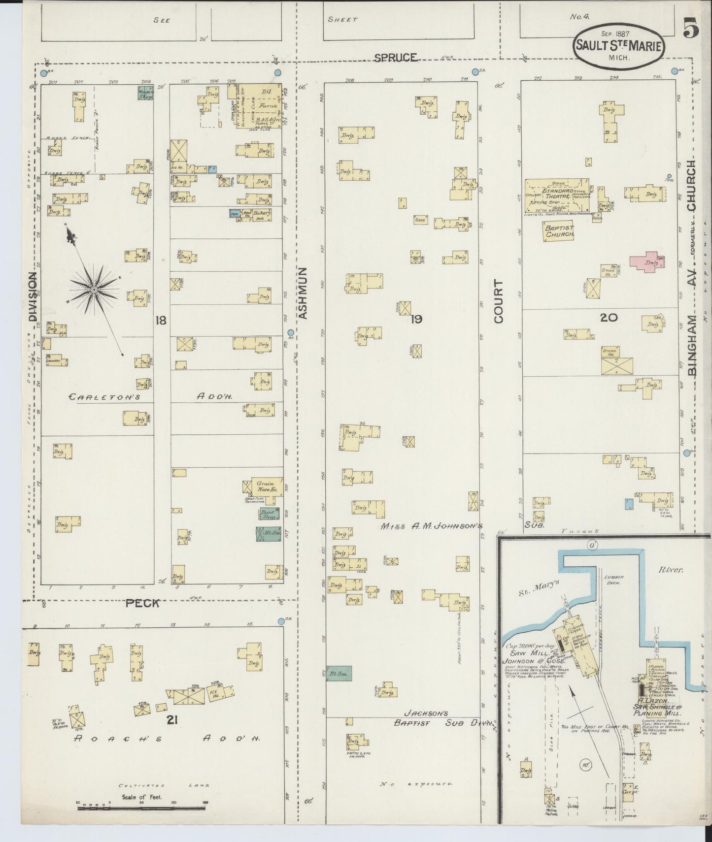 Sanborn Fire Insurance Map from Sault Sainte Marie, Chippewa County, Michigan (1887), Sheet #0005 - Complete Map Set gallery image, historic Sanborn map, vintage wall art, Michigan Michigan