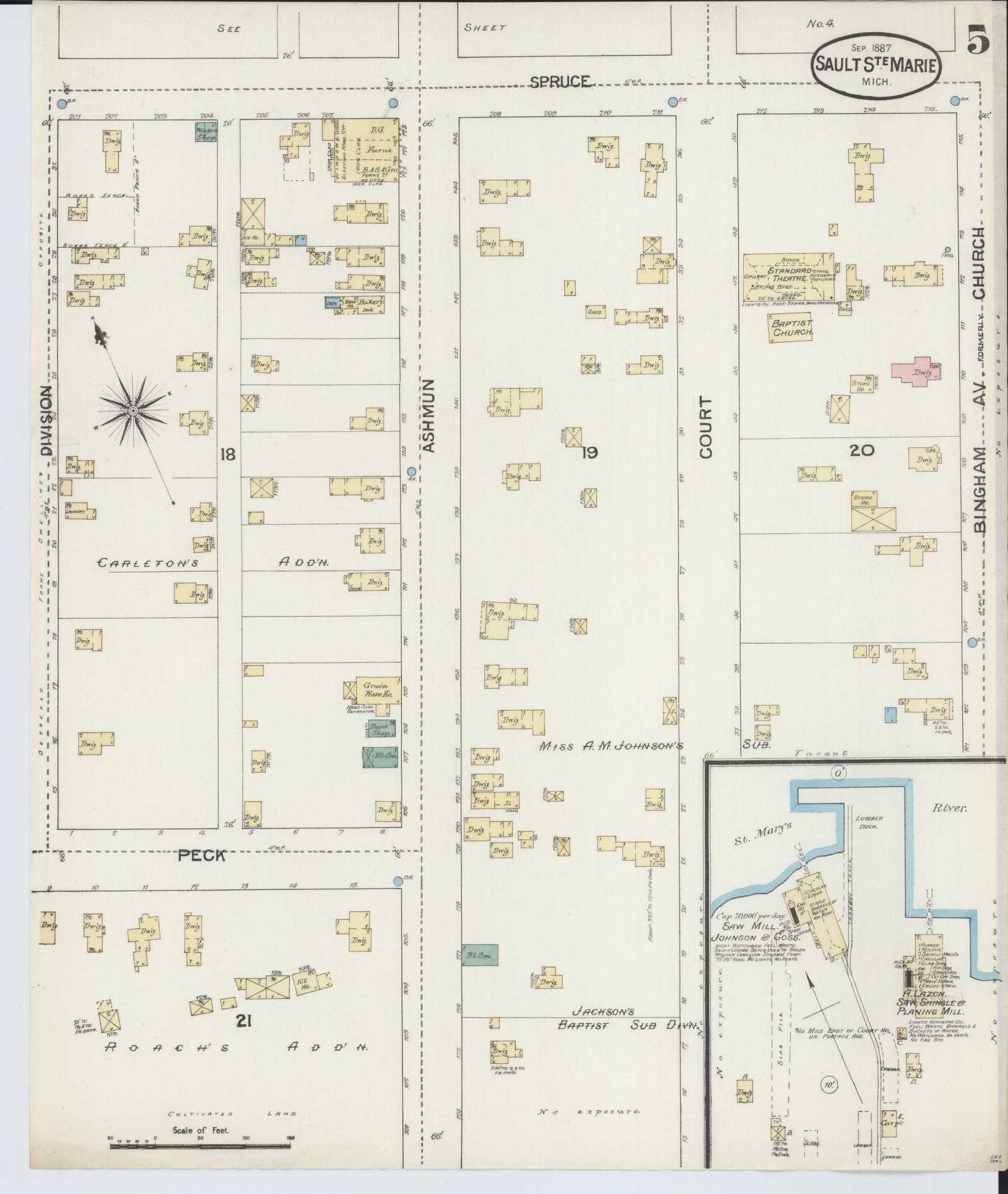 Sanborn Fire Insurance Map from Sault Sainte Marie, Chippewa County, Michigan (1887), Sheet #0005 - Complete Map Set gallery image, historic Sanborn map, vintage wall art, Michigan Michigan