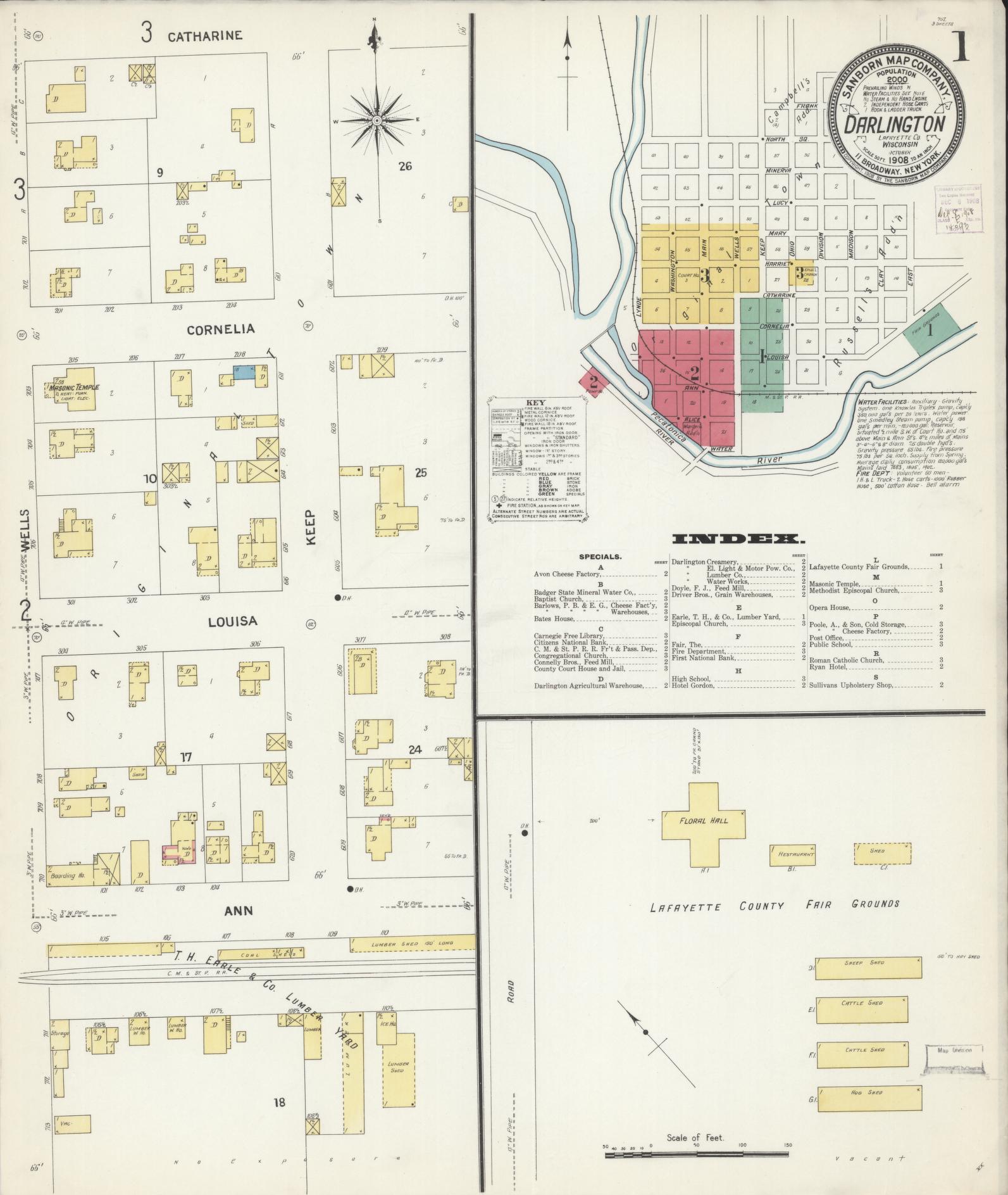 Sanborn Fire Insurance Map from Darlington, Lafayette County, Wisconsin (1908), Sheet #0001 - Historic Sanborn Fire Insurance Map Print, vintage old map wall art, antique decor, genealogy gift, Wisconsin Wisconsin map