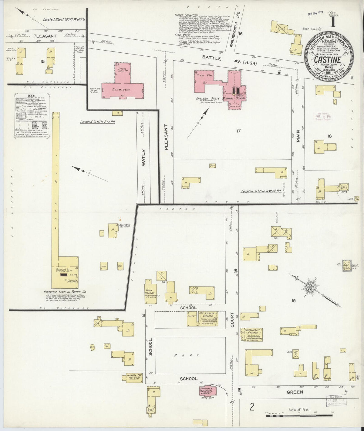 Sanborn Fire Insurance Map from Castine, Hancock County, Maine (1911), Sheet #0001 - Historic Sanborn Fire Insurance Map Print, vintage old map wall art, antique decor, genealogy gift, Maine Maine map
