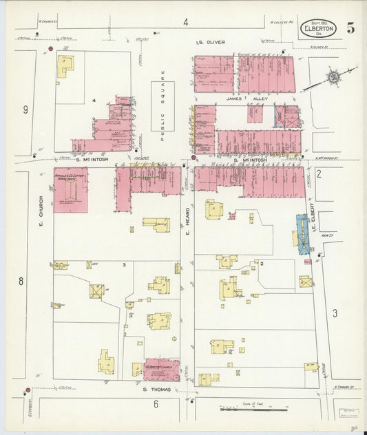Sanborn Fire Insurance Map from Elberton, Elbert County, Georgia (1913), Sheet #0005 - Historic Sanborn Fire Insurance Map Print, vintage old map wall art, antique decor, genealogy gift, Georgia Georgia map
