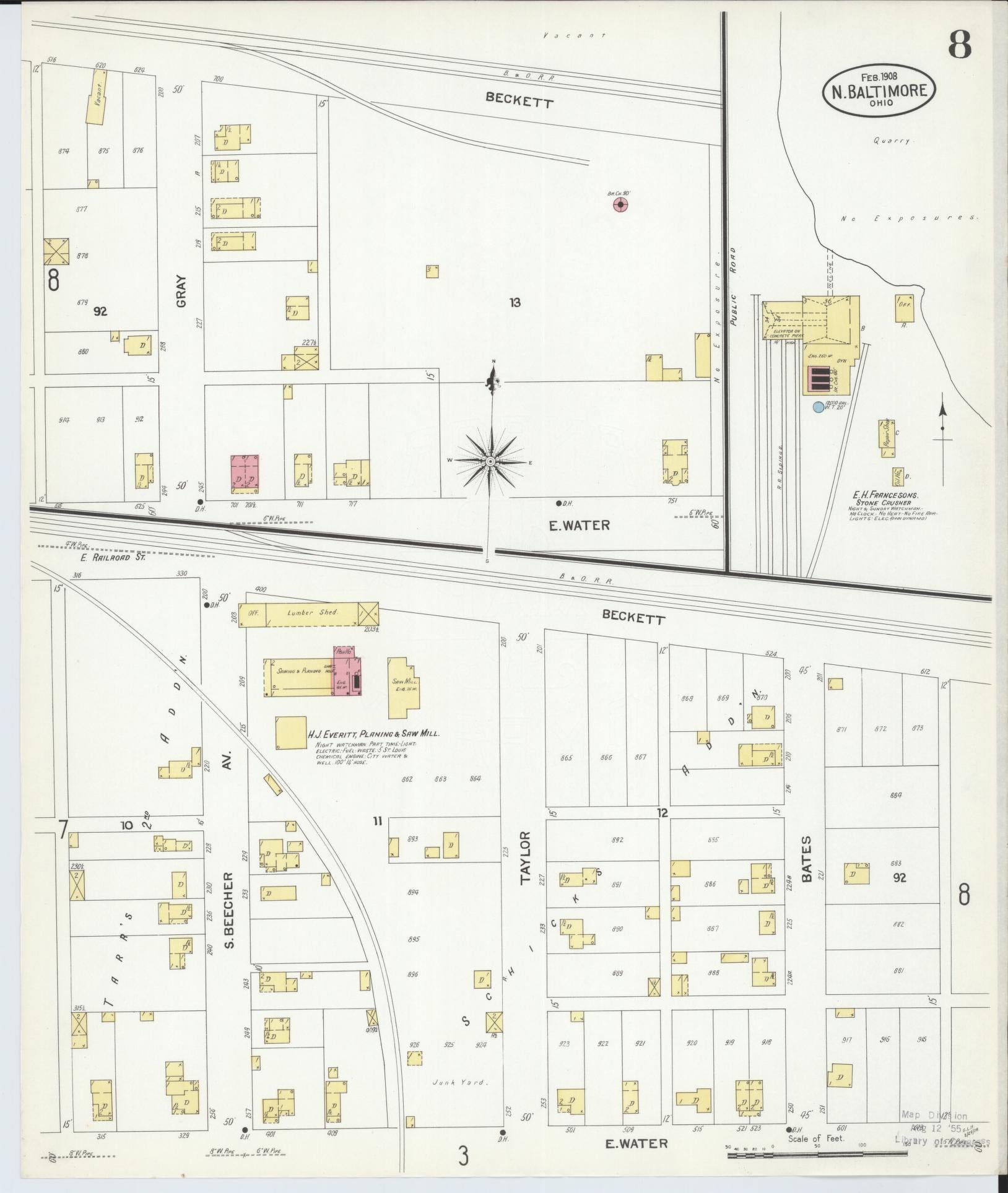 Sanborn Fire Insurance Map from North Baltimore, Wood County, Ohio (1908), Sheet #0008 - Complete Map Set gallery image, historic Sanborn map, vintage wall art, Ohio Ohio