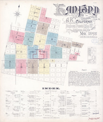 Sanborn Fire Insurance Map from Hanford, Kings County, California (1898), Sheet #0001 - Complete Map Set gallery image, historic Sanborn map, vintage wall art, California California