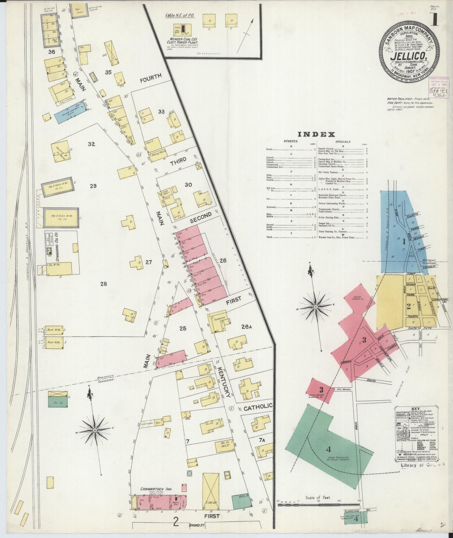 Sanborn Fire Insurance Map from Jellico, Whitley County, Ky., and Campbell County, Tenna, Kentucky (1907), Sheet #0001 - Complete Map Set gallery image, historic Sanborn map, vintage wall art, Kentucky Kentucky