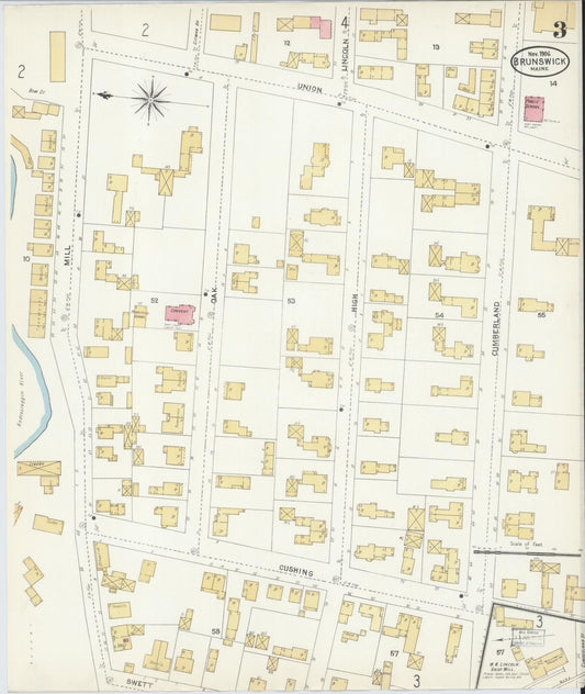 Sanborn Fire Insurance Map from Brunswick, Cumberland County, Maine (1906), Sheet #0003 - Historic Sanborn Fire Insurance Map Print, vintage old map wall art, antique decor, genealogy gift, Maine Maine map