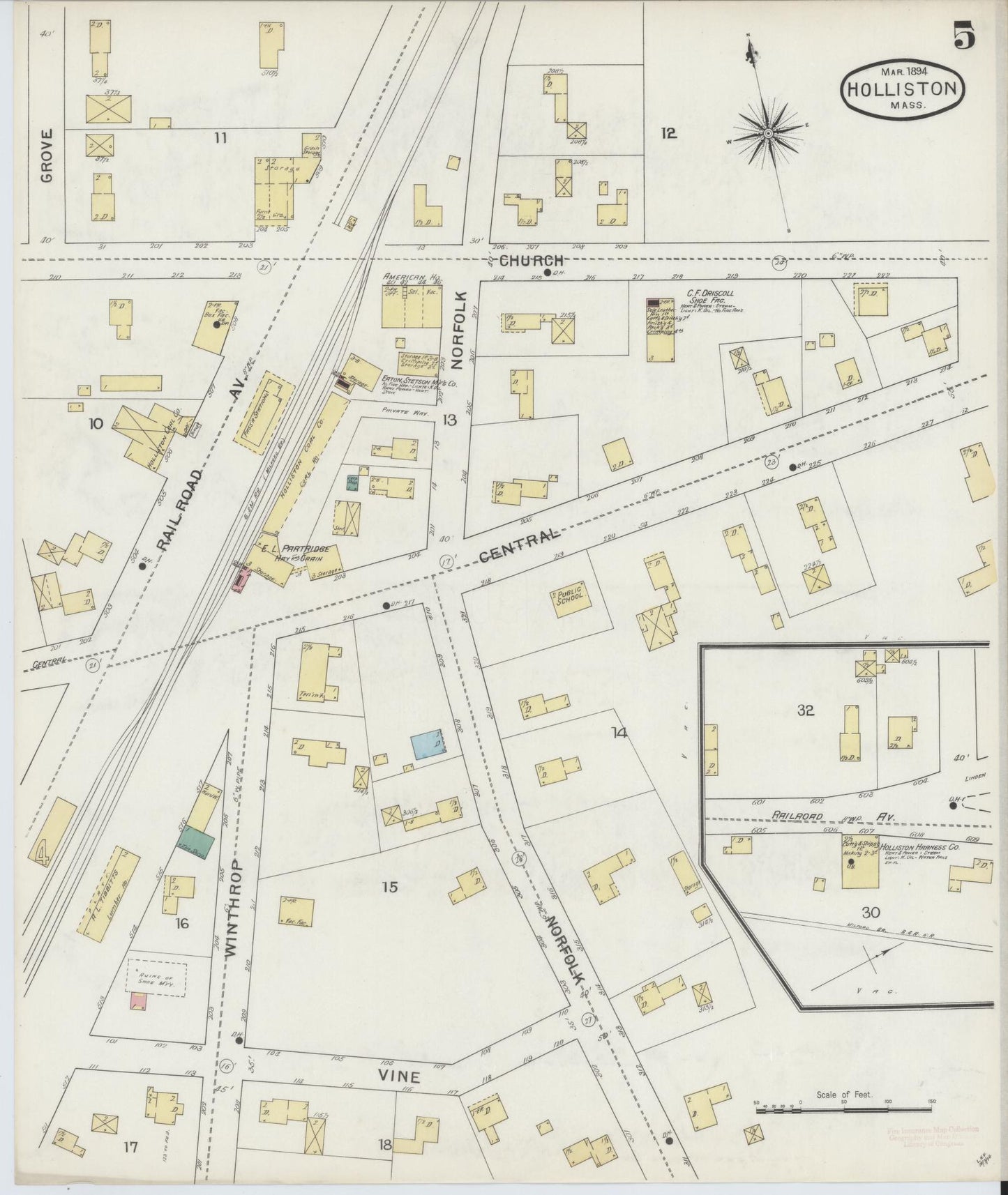 Sanborn Fire Insurance Map from Holliston, Middlesex County, Massachusetts (1894), Sheet #0005 - Historic Sanborn Fire Insurance Map Print, vintage old map wall art, antique decor, genealogy gift, Massachusetts Massachusetts map