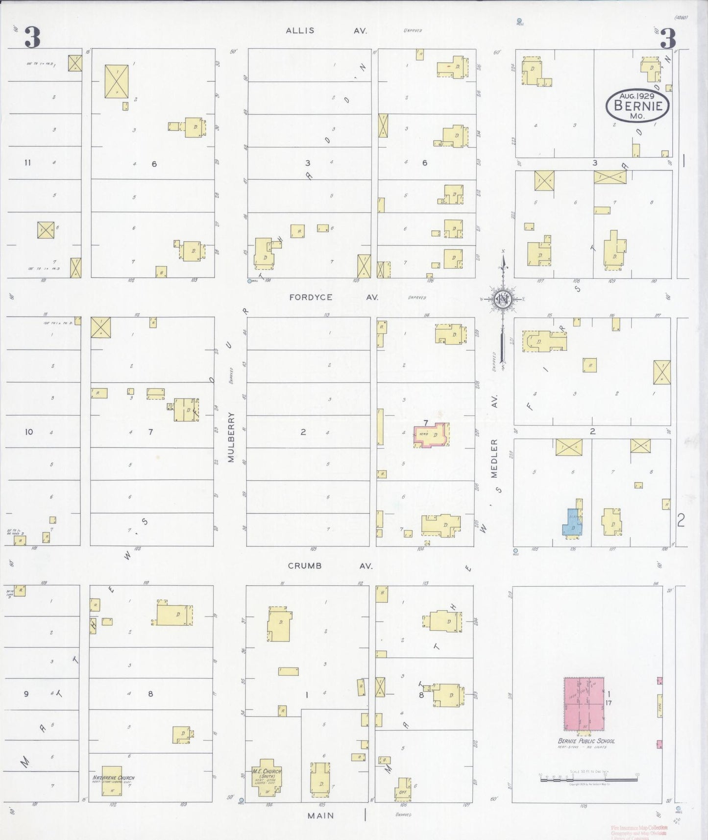 Sanborn Fire Insurance Map from Bernie, Stoddard County, Missouri (1929), Sheet #0003 - Complete Map Set gallery image, historic Sanborn map, vintage wall art, Missouri Missouri