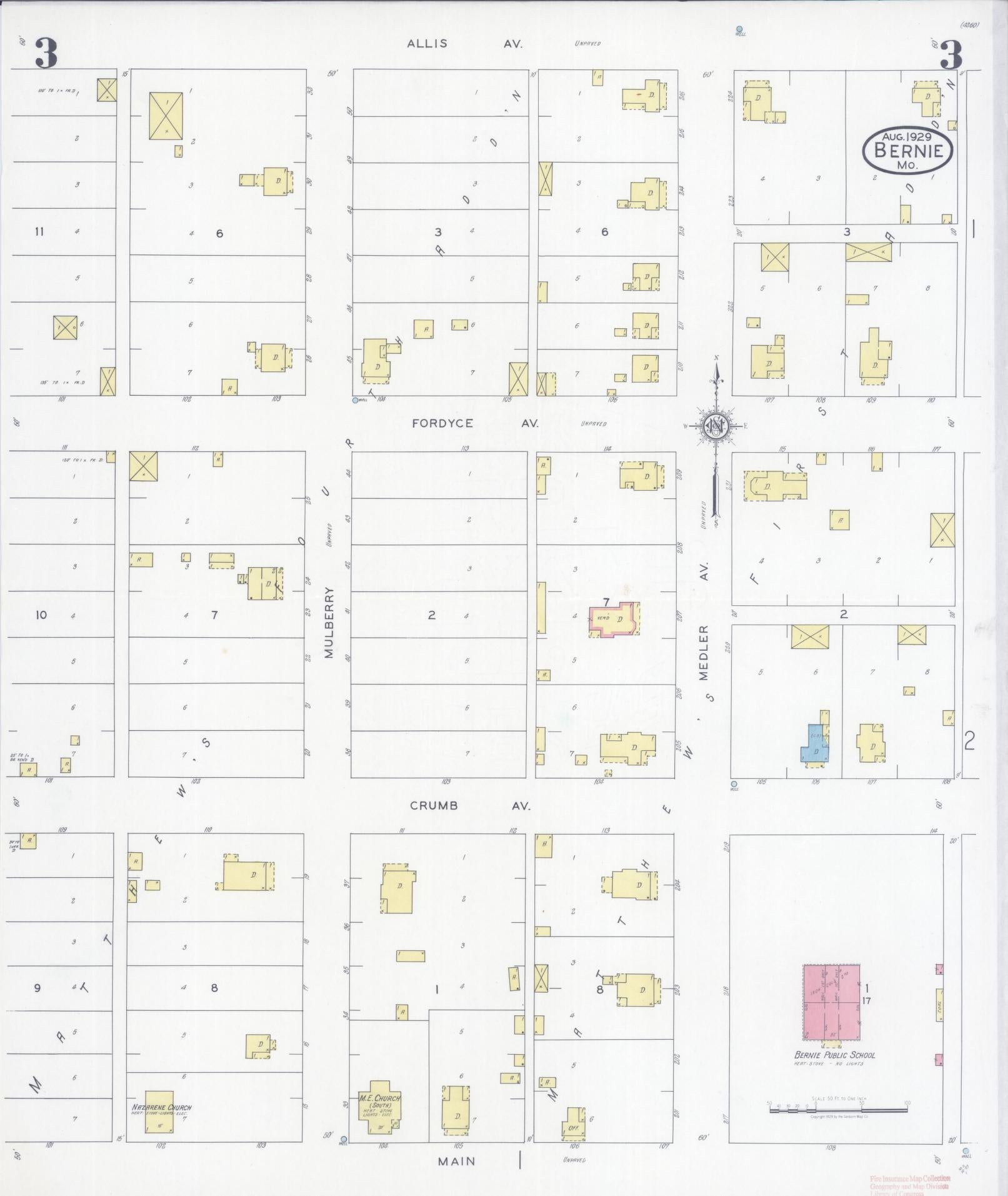 Sanborn Fire Insurance Map from Bernie, Stoddard County, Missouri (1929), Sheet #0003 - Complete Map Set gallery image, historic Sanborn map, vintage wall art, Missouri Missouri