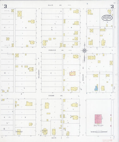 Sanborn Fire Insurance Map from Bernie, Stoddard County, Missouri (1929), Sheet #0003 - Complete Map Set gallery image, historic Sanborn map, vintage wall art, Missouri Missouri