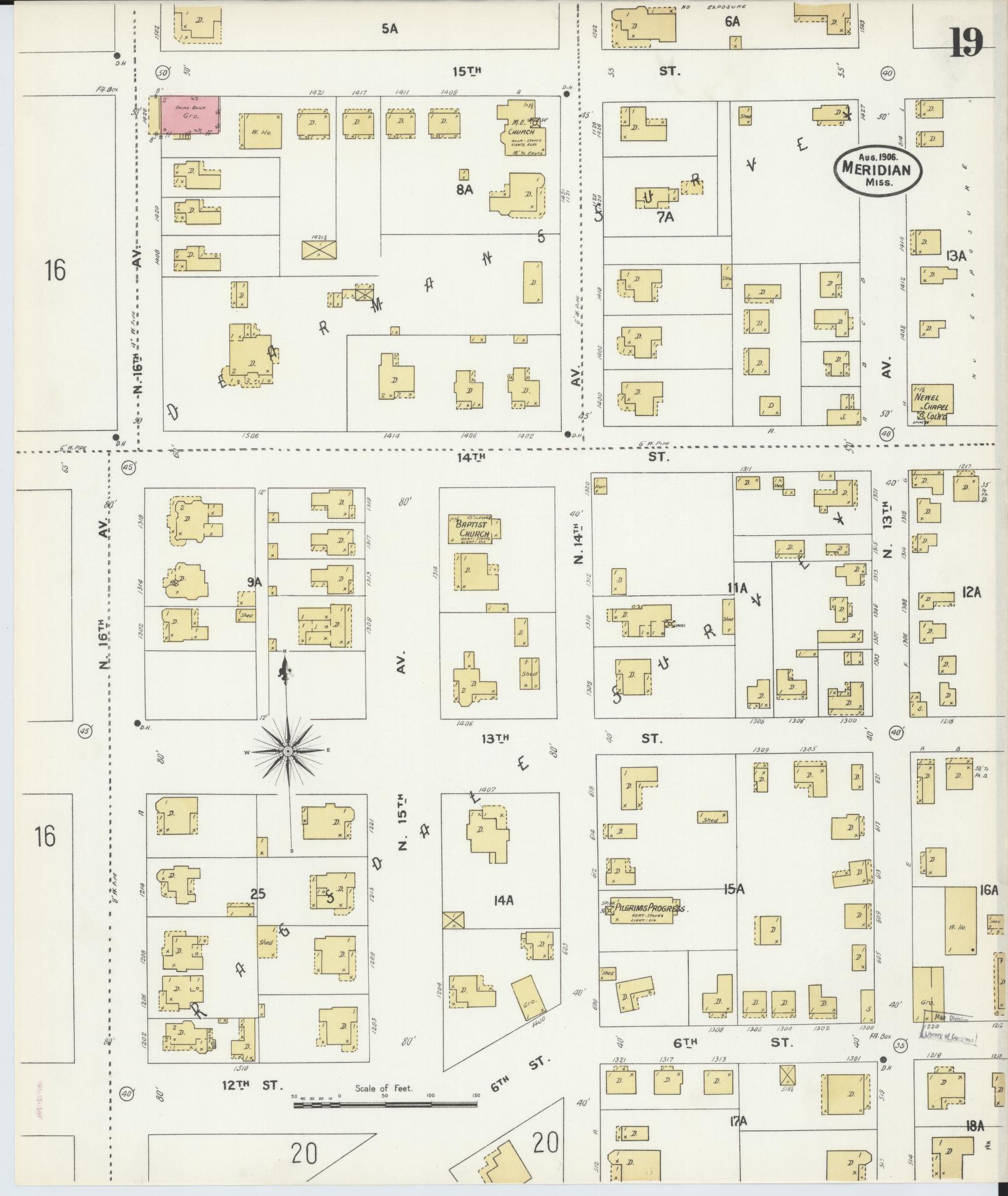 Sanborn Fire Insurance Map from Meridian, Lauderdale County, Mississippi (1906), Sheet #0019 - Historic Sanborn Fire Insurance Map Print, vintage old map wall art, antique decor, genealogy gift, Mississippi Mississippi map