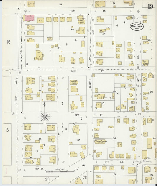 Sanborn Fire Insurance Map from Meridian, Lauderdale County, Mississippi (1906), Sheet #0019 - Historic Sanborn Fire Insurance Map Print, vintage old map wall art, antique decor, genealogy gift, Mississippi Mississippi map